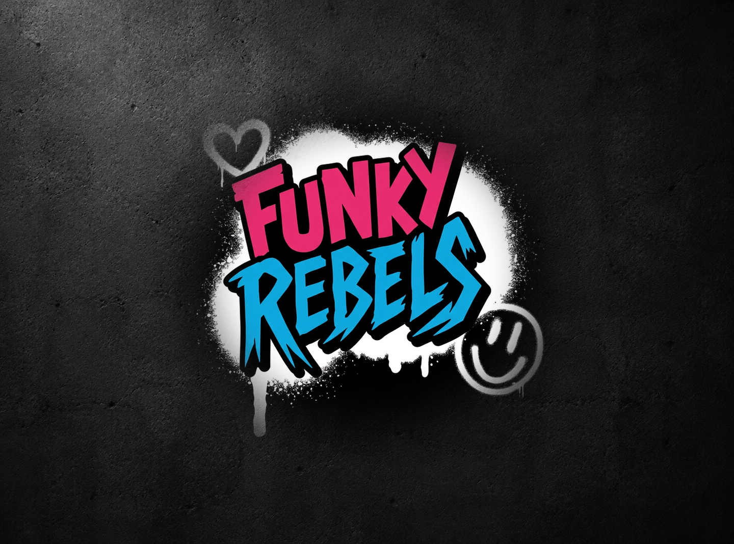 The Funky Rebels logo: the word FUNKY in pink and REBELS in cyan graffiti lettering over white spray paint, on a dark textured backdrop.