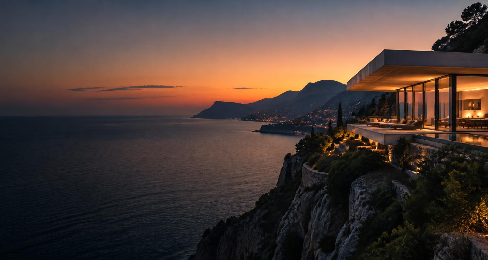 Contemporary coastal architecture overlooking the sea at sunset
